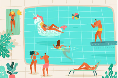 People swimming pool. Persons relaxing summer pool swim diving jump su