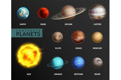 Realistic planets. Solar system planet space universe galaxy sun moon