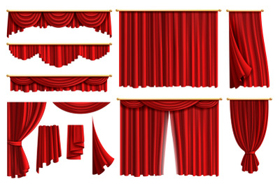 Red curtains. Set realistic luxury curtain cornice decor domestic fabr