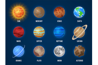 Solar system cartoon planets. Cosmos planet galaxy space orbit sun moo