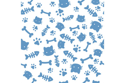 Cat boy pattern. Blue paw animal footprints and bones. Cat dog paws wa