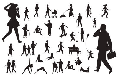 Walk people silhouette. Black figures of happy children woman young la