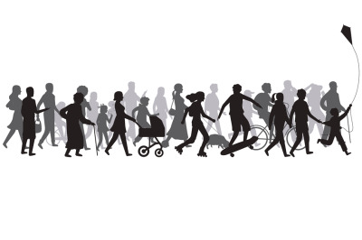 People crowd silhouette. Group of person with shadows walk. Family and