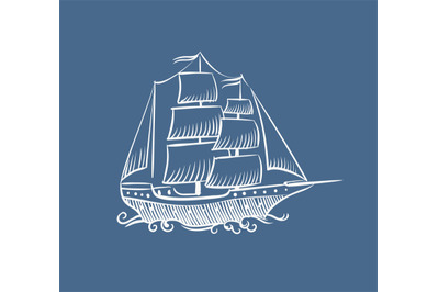 Vintage boat sketch. Hand drawn old pirate sea sailboat vector doodle