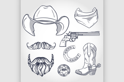 Hand drawn sketch, attributes of cowboy