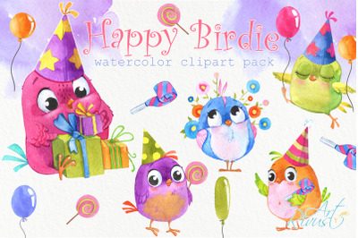 Birthday watercolor clipart with cute birds, balloons, candy, gifts nu
