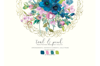 Watercolor Teal, Blue and Pink Floral Bouquet Clipart