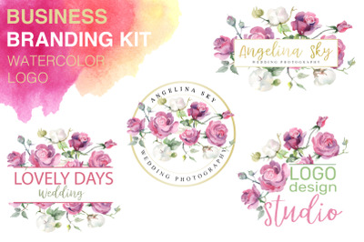 LOGO with pink roses and cotton Watercolor png