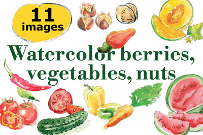 Watercolor vegetables, berries, nuts