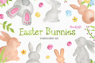 Watercolor Easter Rabbit Bunny Clipart Set