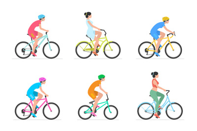 Set of Womans riding bicycles