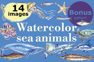 Watercolor sea animals