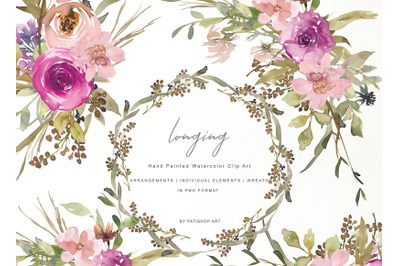 Watercolor Dusty Pink and Purple Flowers Clipart Set