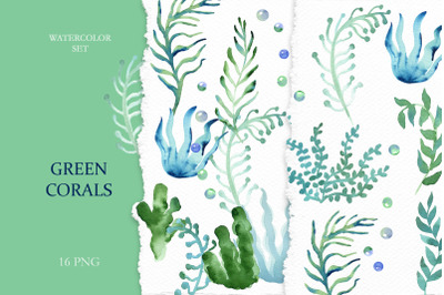 Watercolor Green Corals Clipart