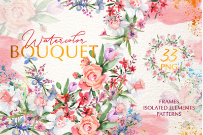 Bouquets with roses and narcissus pink watercolor png