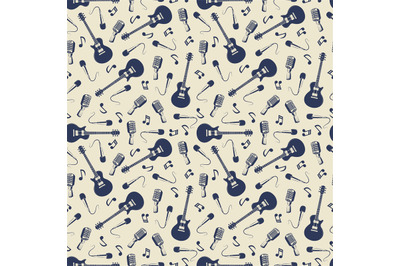 Vintage musical seamless pattern with guitars, microphones