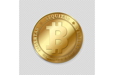 Realistic gold bitcoin on transparent background