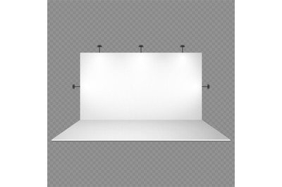 Blank white trade show booth with lighting isolated on transparent bac