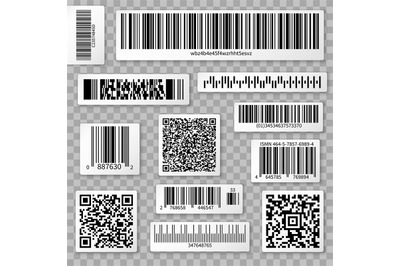 QR codes, bar and packaging labels isolated on transparent background