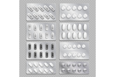 Realistic 3d drugs packaging, painkiller pills isolated on transparent