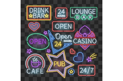 Realistic neon bar illumination signs isolated on transparent backgrou