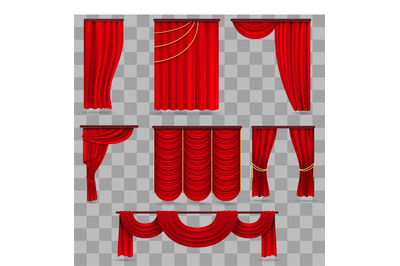 Realistic red velvet stage curtains, scarlet theatre drapery isolated