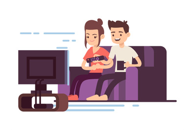 Happy young couple watch TV