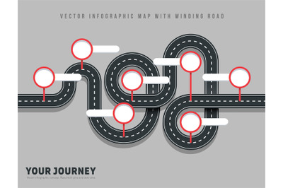 Navigation winding road vector way map infographic on grey background