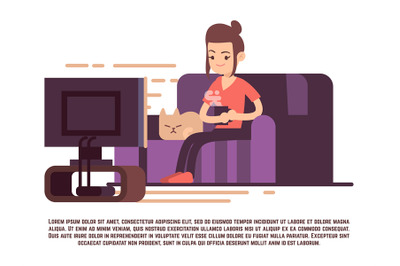 Single girl with cat and cup of tea watch TV