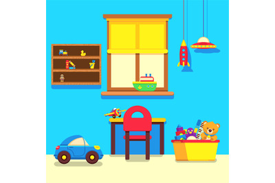 Baby room interior with window, work place and toys collection