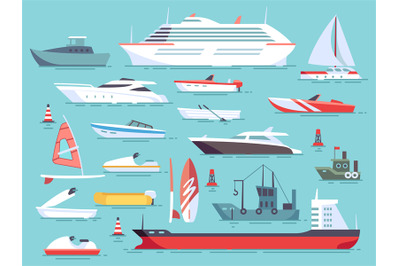 Big set of sea boats and little fishing ships. Sailboats flat vector i