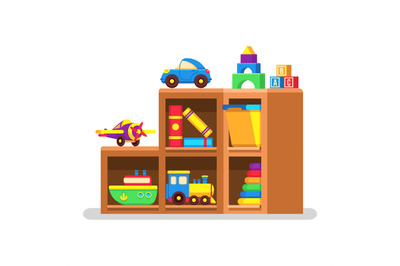 Kids toys on wood rack