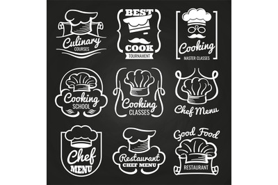 Chef hat emblem - cafe, restaurant or bakery logos on chalkboard