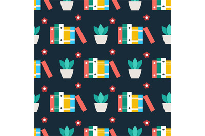 Cute seamless pattern with books plant and flowers