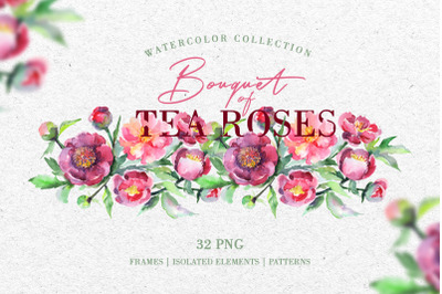 Bouquet of tea roses pinks Watercolor png