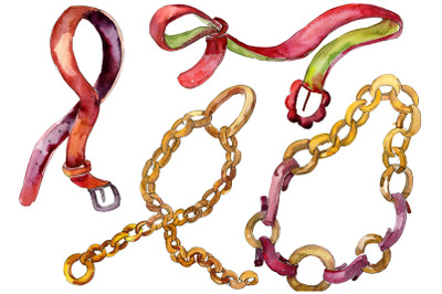 Stylish chains, leather belts watercolor png