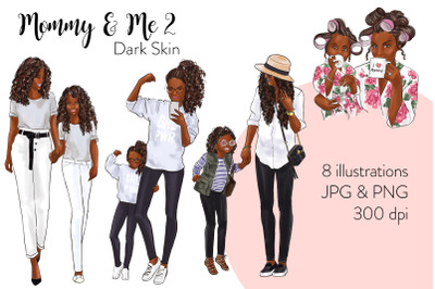 Watercolor Fashion Clipart - Mommy &amp; Me 2 - Dark Skin