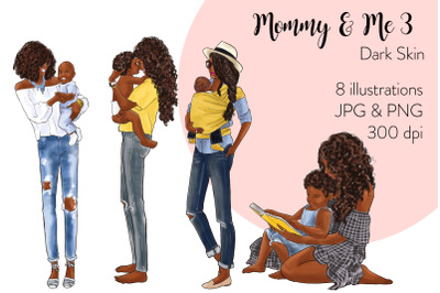 Watercolor Fashion Clipart - Mommy &amp; Me 3 - Dark Skin