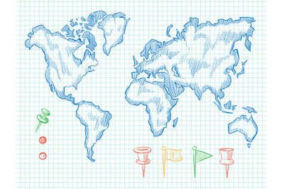 Hand drawn world map and colorful doodle pins