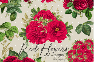 30 Red Flowers Rose Peony Antique Old Bouquet Digital Images