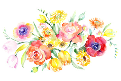 Bouquet with roses, tulips, and poppies Watercolor png