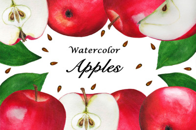 Apples watercolor. Fruits apples watercolor. Apples pattern.