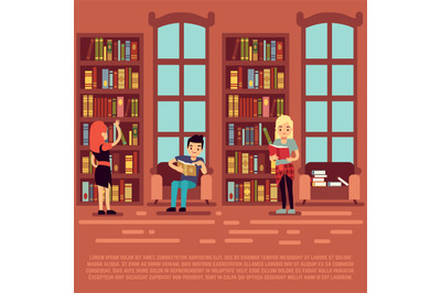 Library interior concept - teenagers and students rading books in libr