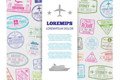 Travel banner with grunge passport stamps background