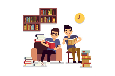 Two boys reading books self-education flat concept