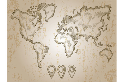 Vintage hand drawn world map and doodle pins