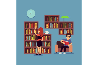 Young couple reading books - flat library or living room concept