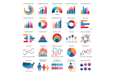 Color finance data chart vector icons. Statistics colorful presentatio