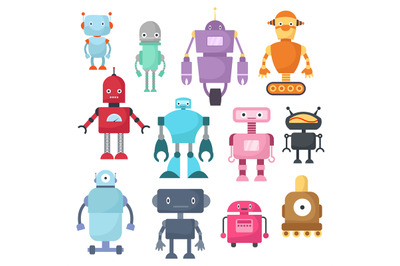 Cute cartoon robots, android and spaceman cyborg isolated vector set