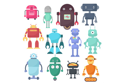 Cute robots, cyborg machine vector science characters